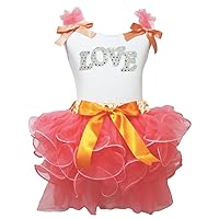 Valentine Dress Bling Love White Shirt Orange Bow Coral Petal Skirt Set 1-8y