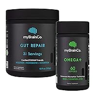 Prebiotics, Probiotics and Omega3 - Gut Repair Probiotic Powder (310g) + EPA DHA Omega 3 Supplements (60 Softgels) for Brain Health + Gut Support
