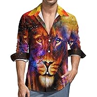 Space Lion Men's Button Down T Shirts Long Sleeve Casual Hawaiian Shirt Pocket Print Top