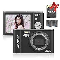 Andoer Portable Digital Camera 48MP 4K 2.8-inch IPS Screen 16X Zoom Self-Timer 128GB Extended Memory Face Detection Anti-Shaking with 2pcs Batteries 32GB Memory Card Hand Strap Carry Pouch