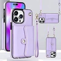 Compatible with iPhone 14 Pro Wallet Case with Crossbody Lanyard Strap, RFID Blocking Card Slots Holder and Wrist Strap Lanyard (Purple)