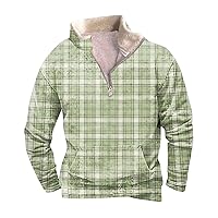 Mens Winter Spring Plaid Fleece Jackets Shirts Oversized Quarter Zipper Slim Fit Fur Collar Pullover Tops with Pocket