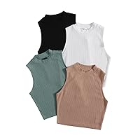 SweatyRocks Women's 4 Pieces Basic Tank Tops Mock Neck Solid Ribbed Knit Pullover Top