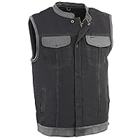 Men's SOA Leather Trimmed Denim Vest Concealed Snap w/Hidden Zipper w/ 2 Inside Gun Pockets (Large)
