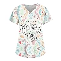 Women's Mother's Day Shirts Fashion V-Neck Short Sleeve Workwear with Pockets Printed Tops Summer, S-5XL