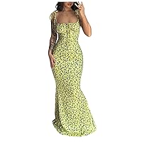 Women's Sexy Summer Floral Bodycon Maxi Dress 2024 Spaghetti Strap Sleeveless Boho Long Dresses