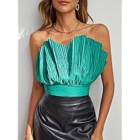 Women's Tops Sexy Tops for Women Women's Shirts Fold Pleated Crop Tube Top (Color : Green, Size : Medium)
