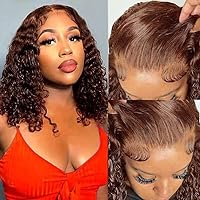 Deep Wave Bob Wig Chocolate Brown 13x4 HD Transparent Lace Front Human Hair Wigs For Women Pre Plucked With Baby Hair Curly Glueless Natural Hairline Short Wigs 150% Density 8Inch
