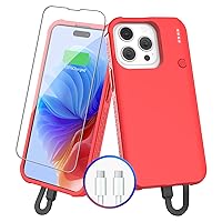 GIN FOXI Fast Charging Battery Case for iPhone 15 Pro Max/15 Plus, 8000mAh 15W Ultra Slim Charger Case Rechargeable Portable Extended Power Bank Case Cover Battery Pack Built-in Cable, Red(6.7”)