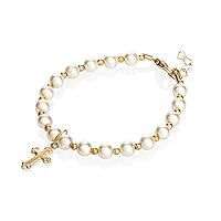 Christening 14KT Gold-Filled Beads with Cream European Simulated Pearls and Cross Charm Luxury Unisex Baby Bracelet (BGC)