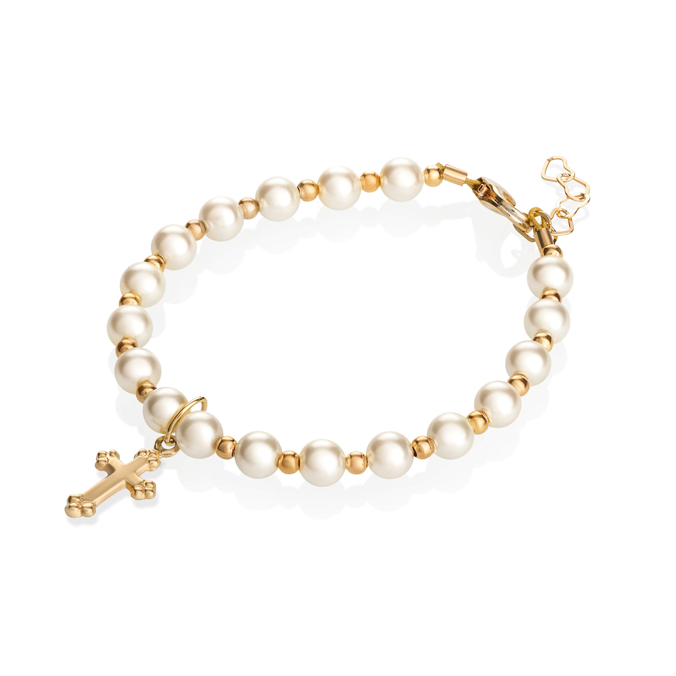 Christening 14KT Gold-Filled Beads with Cream European Simulated Pearls and Cross Charm Luxury Unisex Baby Bracelet (BGC)
