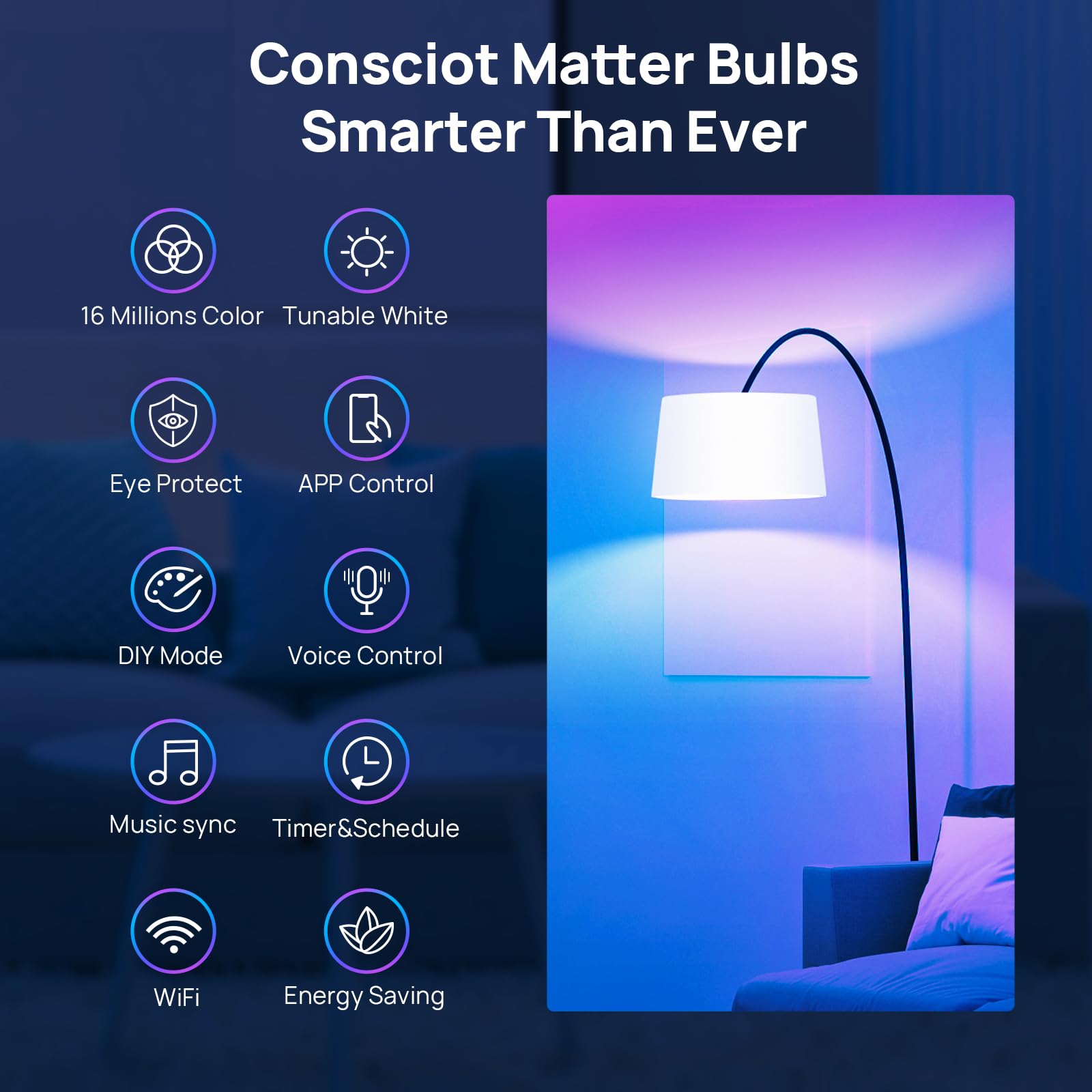 Consciot Smart Light Bulbs, WiFi Bluetooth Color Changing LED Light Bulb, Music Sync, 60W Equivalent Smart Bulb, A19 E26 RGBTW Light Bulbs That Works with Alexa/Google Home/Apple Home/Siri, 3 Pack