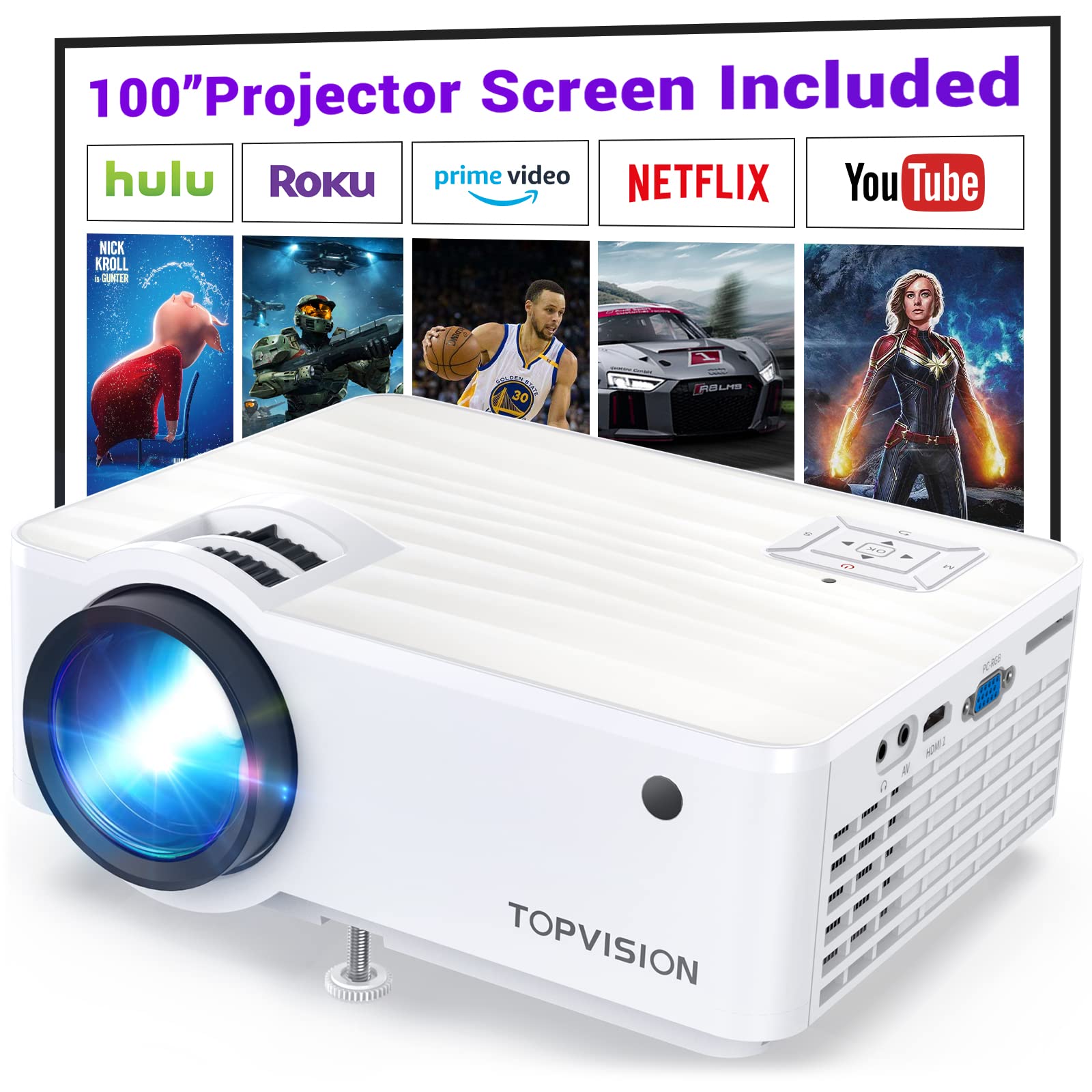 TOPVISION Projector, 7500L Portable Mini Projector with 100” Projector Screen, 1080P Supported, Built-in HI-FI Speakers, Home Theater Movie Projector Compatible with, HDMI,Fire Stick,VGA,USB,TF,AV,PS4