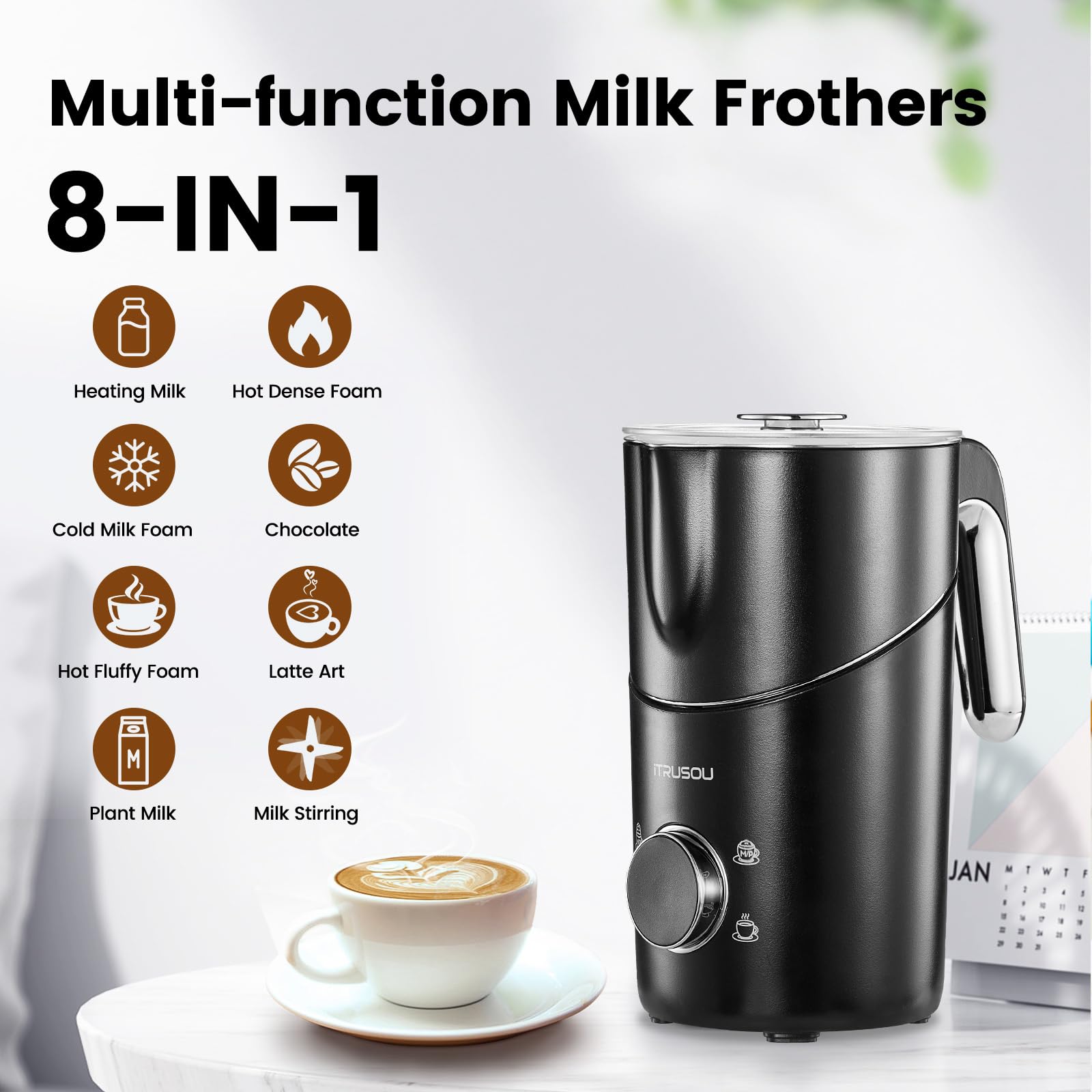Milk Frother - iTRUSOU Milk Steamer Electric Frother, Hot Cold Milk Steamer Frothers Foam Maker, Milk Warmer Frother for Latte, Cappuccinos, Macchiato, Auto Shut-Off & Quiet Working Black