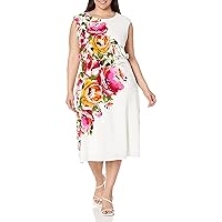 London Times Women's Floral Print Placement Blouson Dress with Cap Sleeves