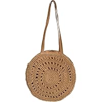 styleBREAKER Women's round shoulder bag made of woven paper straw, handle bag, zip, boho style 02012383
