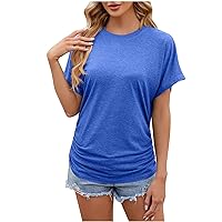Summer Tops for Women Trendy Short Sleeve Crewneck T Shirts with Side Shirring Ruched Blouses Loose Fit Casual Going Out Tees