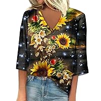 Women's Tops 2024 Shirt Blouse Casual Loose 3/4 Sleeve Print V Neck Tops Tops T-Shirts Tee Spring Tops, S-3XL