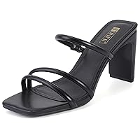 IDIFU IN3 High Heels Strappy Chunky Block Heels Square Toe Three Strap Slip On Heels Comfortable Slides Heeled Sandals Sexy Wedding Party Dress Shoes Open Toe Mules Heels for Women