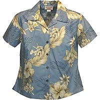 Pacific Legend Womens Plumeria Hibiscus Feather Fern Fitted Shirt Blue S