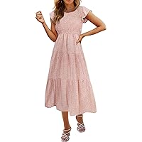 Hount Women's Casual Midi Dress Fultter Short Sleeve Elastic Waist Summer Tiered Smocked Dress with Pockets