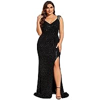 Ever-Pretty Women's Sequin V-Neck High Slit Glitter Plus Size Formal Evening Dresses for Curvy Women 01888-DA