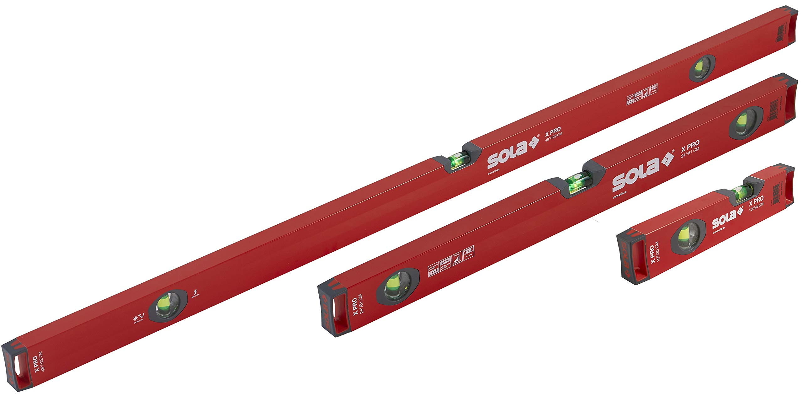 SOLA LSX482410 X PRO Aluminum Box Profile Spirit Level Set with 60% Magnified Vials, 10, 24 & 48-Inch , Red