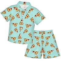 visesunny Toddler Boys 2 Piece Outfit Button Down Shirt and Short Sets Pizza Blue Pattern Boy Summer Outfits