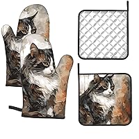 Oven Mitts and Pot Holders 4 Packs High Heat Resistant Non-Slip Kitchen Oven Gloves and Potholder Waterproof Cat Hair Print Hot Pads for BBQ Cooking Baking Grilling