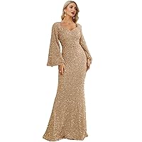 Women's Stretch Sequined Maxi Dress V Neck Long Prom Wedding Party Mermaid Evening Dresses