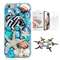 STENES Bling Case Compatible with iPhone 12 Mini Case - Stylish - 3D Handmade [Sparkle Series] Tropical Fish Starfish Shell Design Cover with Screen Protector [2 Pack] - Blue