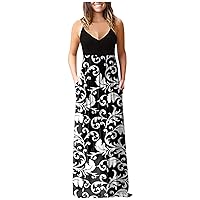 Women's Casual Dresses Chic Vintage Ethnic Printed Bodycon Cami Vest Tank Top Sleeveless Camisole Long Dress with Pocket Summer Sundress Daily Wear Streetwear(11-Black,14) 1854