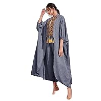 Floral Embroidery Tassel Tie Batwing Sleeve Open Front Coat & Pants