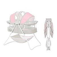 Karley Baby Bassinet in Grey and Pink, Lightweight Portable, Quick Fold and Easy to Carry , Adjustable Double Canopy, Indoor and Outdoor with Large Storage Basket.