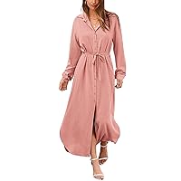 BTFBM Women 2023 Casual Long Sleeve Maxi Dress Fall Spring Button Down Shirt Dresses Tie Waist Side Slit Long Linen Dress