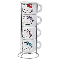 Silver Buffalo Sanrio Hello Kitty Different Colored Bows 4pc Stackable Ceramic Espresso Mug Set with Storage Rack, 3 Ounces