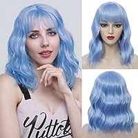 Light Blue Short Bob Wig with Bangs for Women Loose Wavy Wig Curly Wavy Shoulder Length Synthetic Bob Wigs for Girl Costume Cosplay Daily Use
