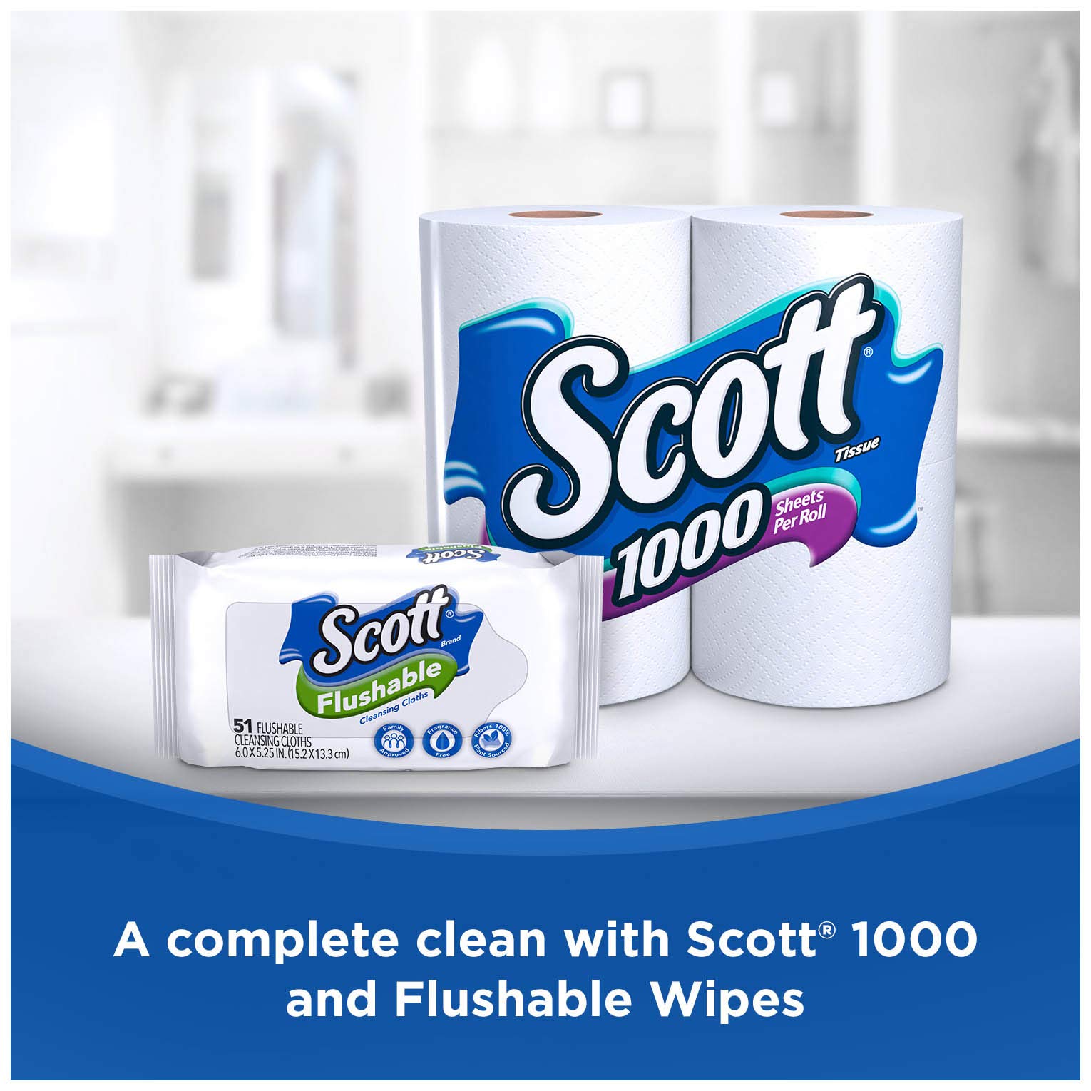Scott Flushable Cleansing Cloths, Tub, 51 Count