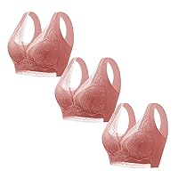 3PC Women's V Neck Lace Fixed Cup Wide Shoulder Anti Droop and Side Breast Sexy Bra Womens Wireless Bras