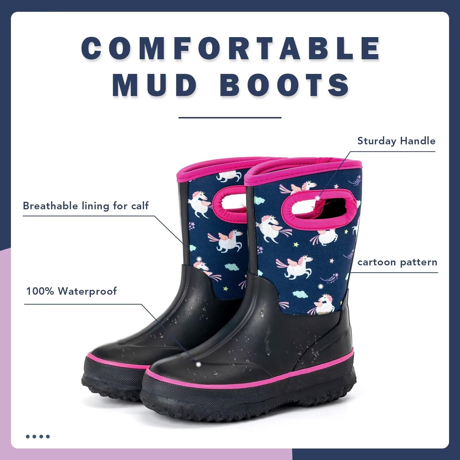 FUNCOO PLUS Kids Waterproof Neoprene Rain Boots Girls Boys Outdoor Mud Boots Children Insulated Rubber Snow Boots