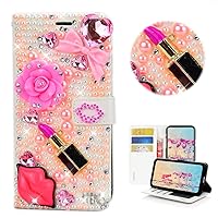 STENES Bling Wallet Phone Case Compatible with Samsung Galaxy S23 Ultra Case - Stylish - 3D Handmade Lips Lipstick Flowers Bowknot Magnetic Wallet Stand Leather Cover Case - Pink