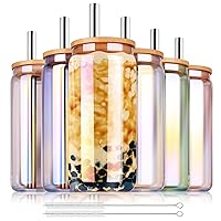 GoldArea 6 Pcs Drinking Glasses with Bamboo Lids, Mulitcolor, 20 oz Can Shaped Glass Cups with Stainless Steel Straws, Ice Coffee Glasses, Cute Cup Cocktail Cola Cups, Beer Glasses,