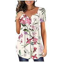 Women's Summer Casual Short Sleeve Tops Easter Print Button-Down Club Neck Fashion Loose T-Shirt