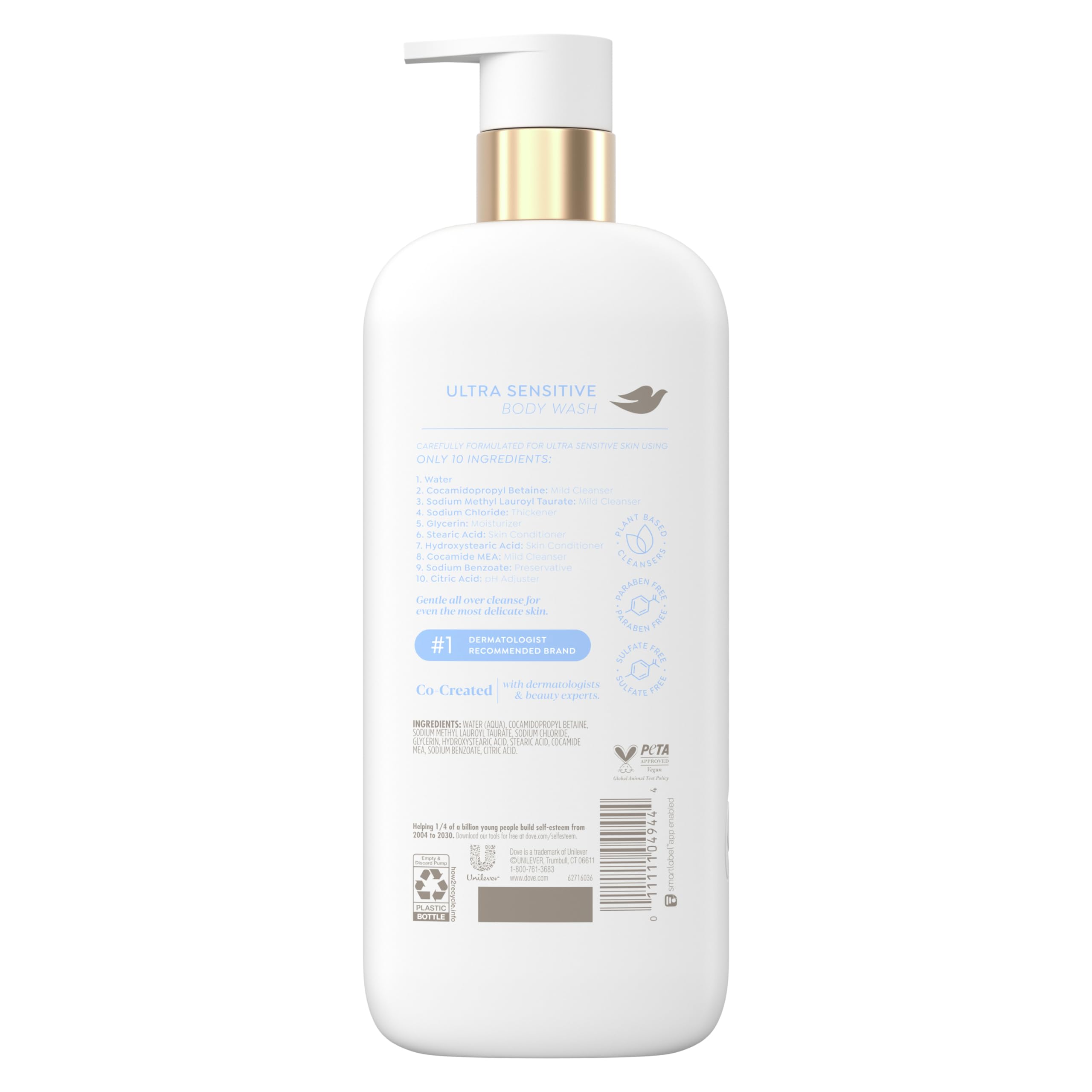 Dove Fragrance Free Body Wash Ultra Sensitive Gentle all-over cleanse 10 essential ingredients 18.5 oz