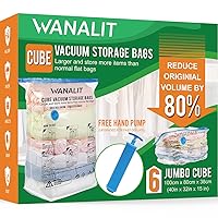Cube Vacuum Storage Bags, 6 Pack Jumbo Cube Size Vacuum Sealer Compression Space Saver Bag for Clothes, Comforters, Blanket, Duvets, Pillows, Quilt, Travel, Hand Pump with Sealing Ring Included