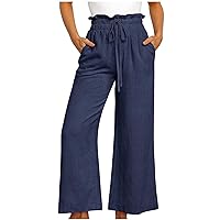 Cotton Linen Palazzo Pants for Womens High Waist Wide Leg Long Pant Solid Color Baggy Lounge Trousers with Pockets