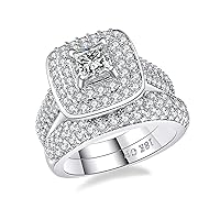 Ahloe Jewelry Princess Wedding Rings for Women Engagement Band Bridal Set 18k White Gold Plated Square 1.8Ct Cz Size 5-10