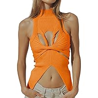 Women Strapless Crop Top Sexy Hollow Out Twist Front Knitted Tank Tops Sleeveless Y2K High Neck Cut Out Sweater Vest