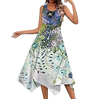 Summer Dresses for Women,Women's Casual Fashion Round Neck Sleeveless Irregular Hem Floral Print Midi Dress