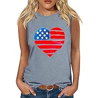Patriotic Sleeveless Shirts Women Cute Love Heart American Flag Tank Tops 4th of July Casual Crewneck Pullover Tees
